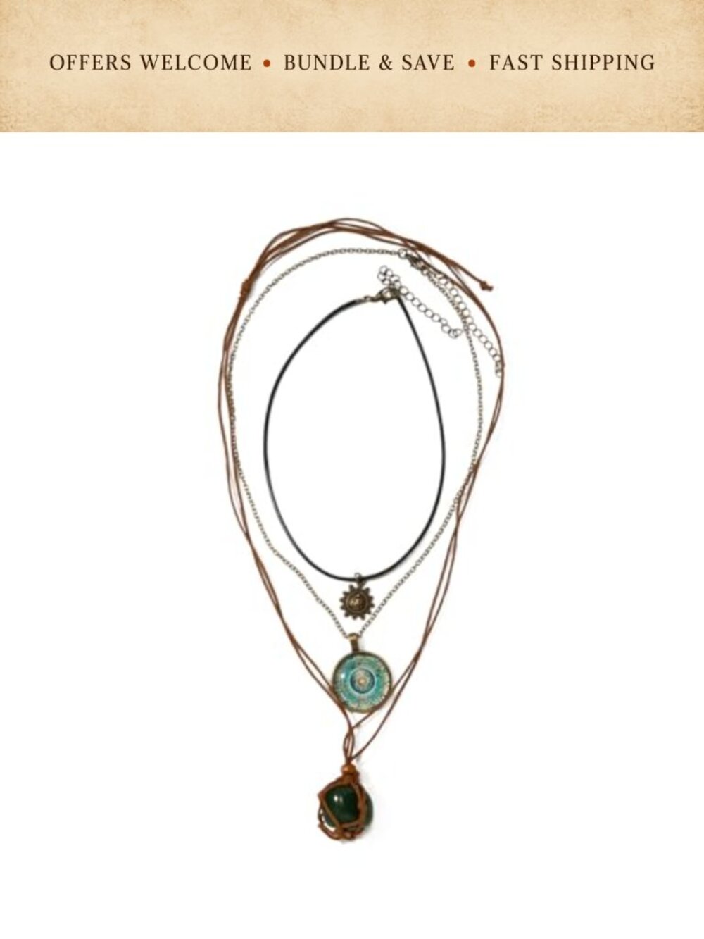 Bohemian Layered Necklace Set 3 Piece Crystal Sun Charm Mandala Pendant Rope